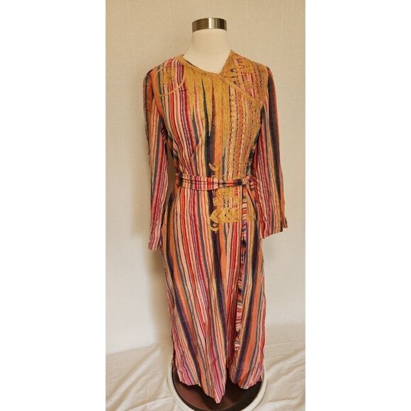 Vintage 70s Treacy Lowe India Belted Caftan Dress Multicolor Stripes - Picture 1 of 15